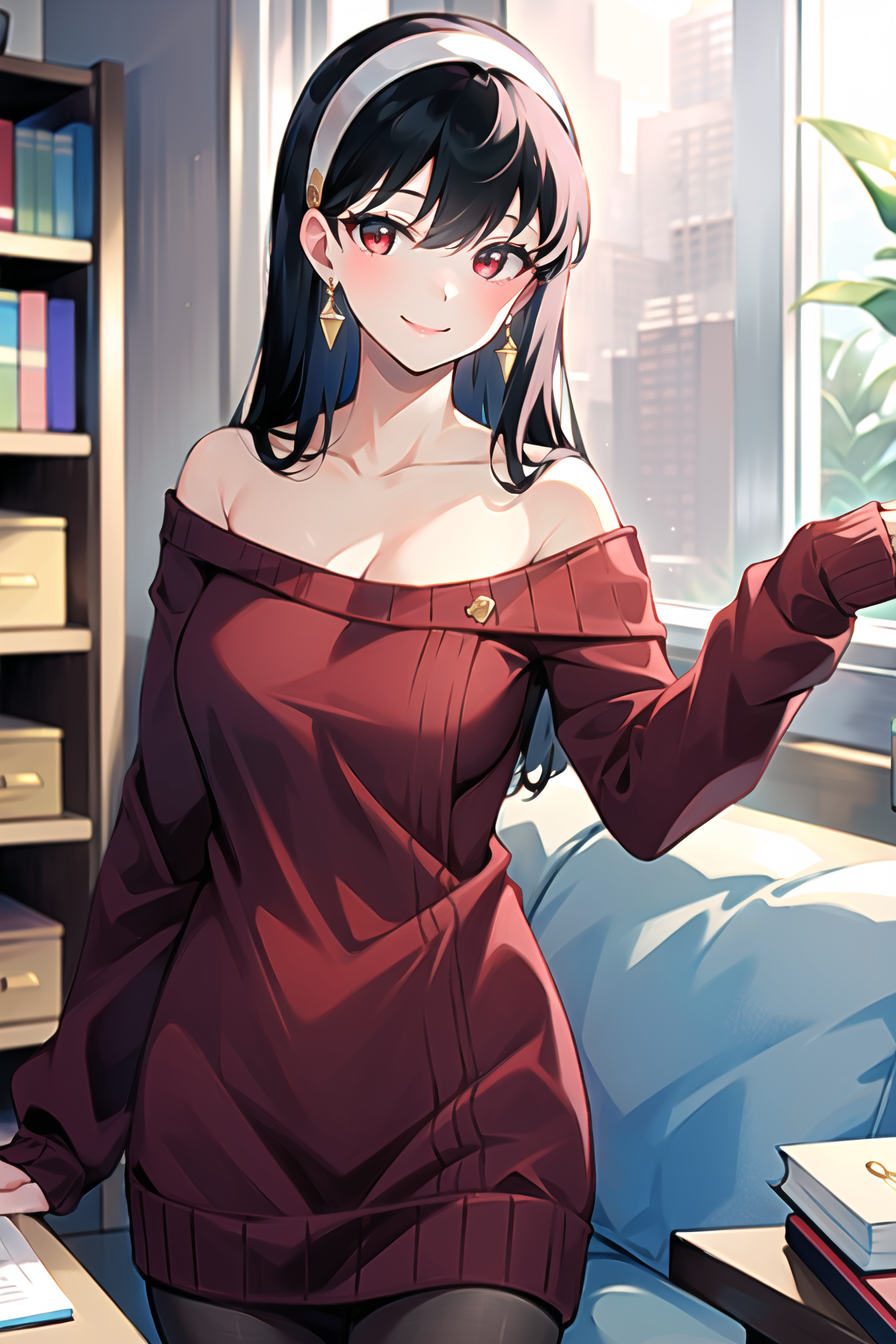 69449-3187489595-yor briar,__1girl, bangs, black pantyhose, book, bookshelf, breasts, cleavage, coffee, coffee mug, cup, earrings, gold earrings,.png